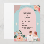 Roze Floral Wedding Uitnodiging (Voorkant / Achterkant)