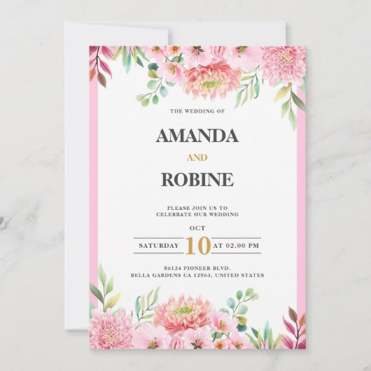 Roze Floral Wedding Uitnodiging (Voorkant)