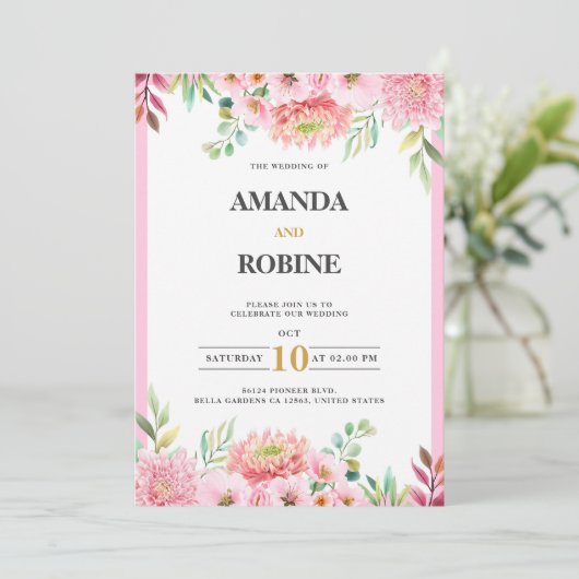 Roze Floral Wedding Uitnodiging (Staand voorkant)