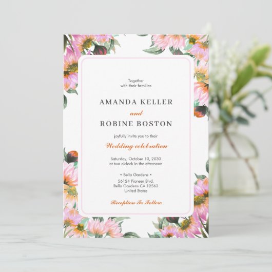 Roze Floral Wedding Uitnodiging (Staand voorkant)