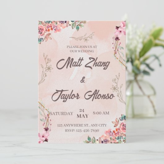 Roze Floral Wedding Uitnodiging (Staand voorkant)