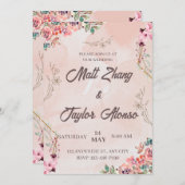 Roze Floral Wedding Uitnodiging (Voorkant / Achterkant)