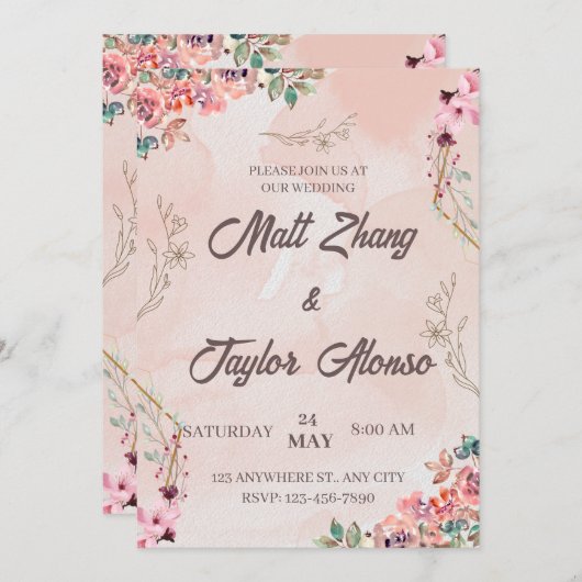 Roze Floral Wedding Uitnodiging (Voorkant / Achterkant)