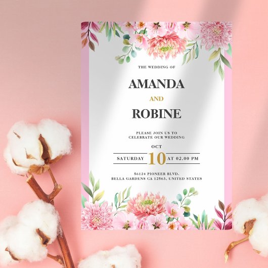 Roze Floral Wedding Uitnodiging