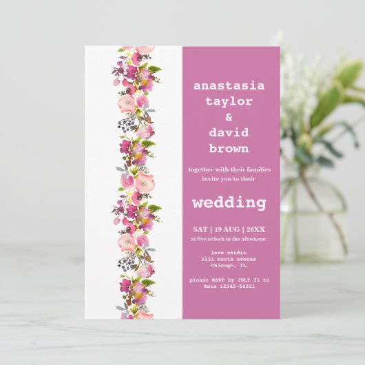 Roze Floral Wedding Uitnodiging (Staand voorkant)