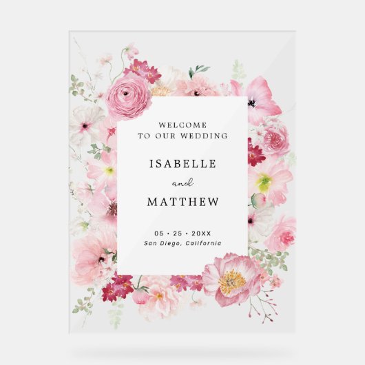 Roze Floral Wedding Welkom Acryl Bord (Voorkant)