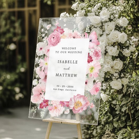 Roze Floral Wedding Welkom Acryl Bord