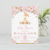 Roze Floral Whimsical Giraffe Girl Baby shower Kaart (Staand voorkant)