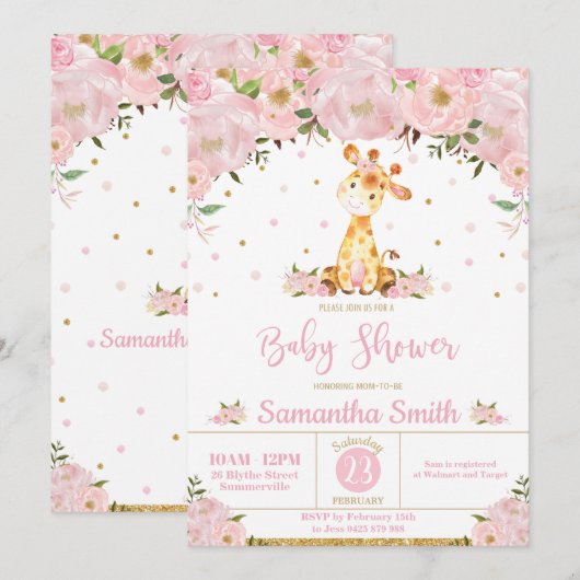 Roze Floral Whimsical Giraffe Girl Baby shower Kaart (Voorkant / Achterkant)