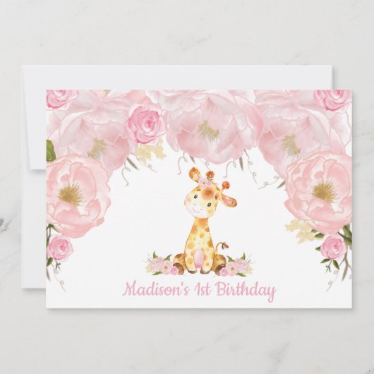 Roze Floral Whimsical Giraffe Girl Birthday Foto Kaart (Achterkant)