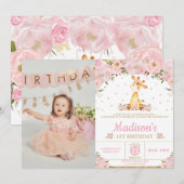 Roze Floral Whimsical Giraffe Girl Birthday Foto Kaart (Voorkant / Achterkant)