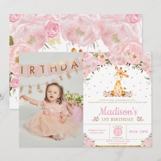 Roze Floral Whimsical Giraffe Girl Birthday Foto Kaart (Voorkant / Achterkant)