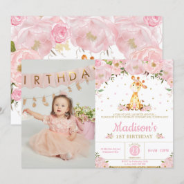 Roze Floral Whimsical Giraffe Girl Birthday Foto Kaart