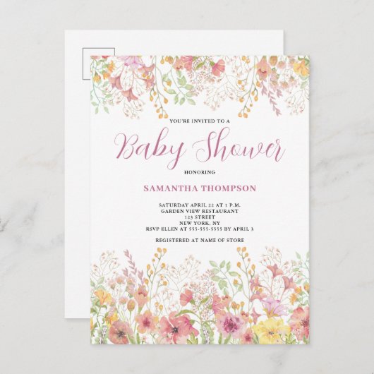 Roze Floral Wilde Waterverf Baby shower Uitnodiging Briefkaart (Voorkant / Achterkant)