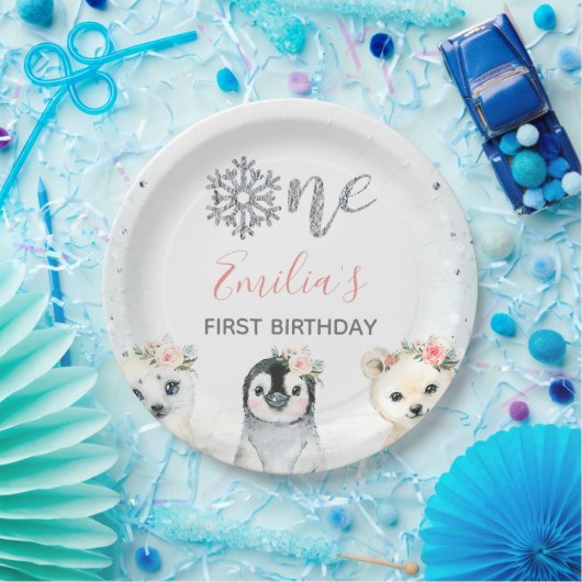 Roze Floral Winter Animals 1e Birthday Paper Ploug Papieren Bordje (Feest)