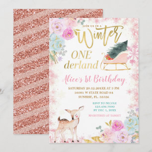 Roze Floral Winter Onederland Sleigh Birthday  Kaart