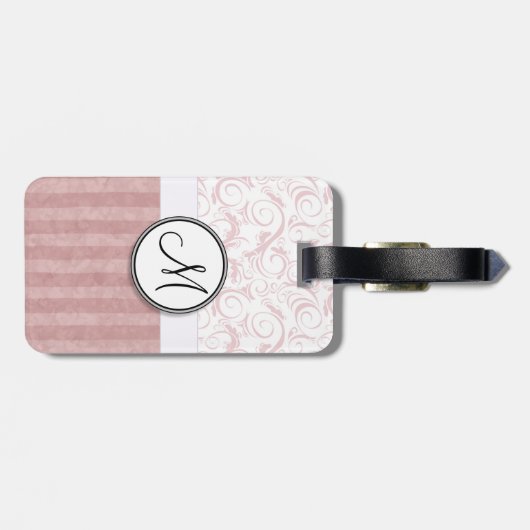 Roze Floral Wisps & Stripes met monogram Bagagelabel (Achterkant horizontaal)