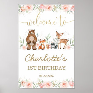Roze Floral Woodland Animal 1e verjaardag Poster