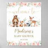 Roze Floral Woodland Animal Baby shower Welkom Poster (Voorkant)