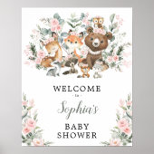 Roze Floral Woodland Animals Baby shower Welkom Poster (Voorkant)