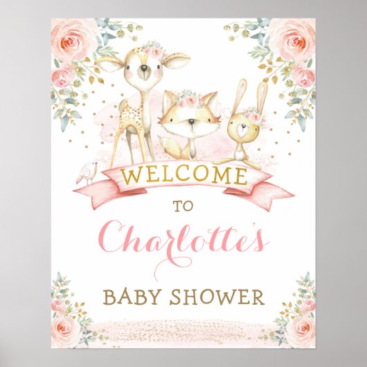 Roze Floral Woodland Animals Baby shower Welkom Poster (Voorkant)