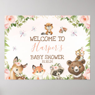 Roze Floral Woodland Animals Baby shower Welkom Poster