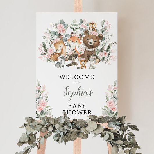 Roze Floral Woodland Animals Baby shower Welkom Poster