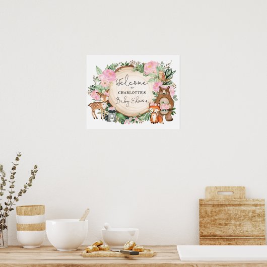 Roze Floral Woodland Animals Baby shower Welkom Poster (Keuken)