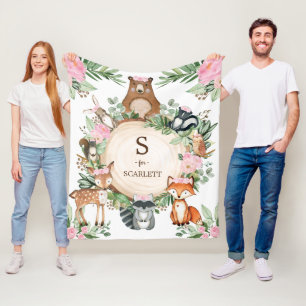 Roze Floral Woodland Animals Custom Monogram Name Fleece Deken