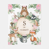 Roze Floral Woodland Animals Custom Monogram Name Fleece Deken (Voorkant)