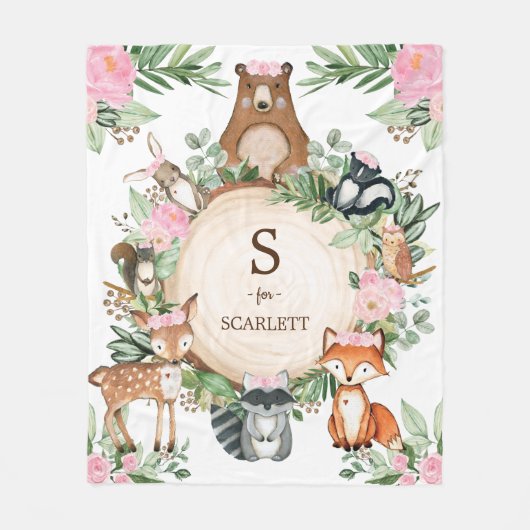 Roze Floral Woodland Animals Custom Monogram Name Fleece Deken (Voorkant)
