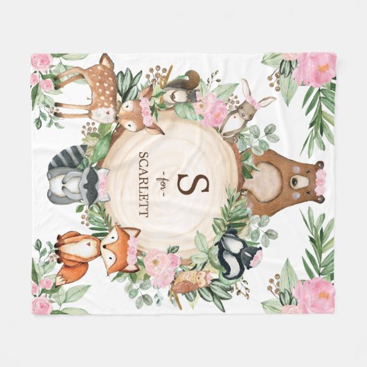 Roze Floral Woodland Animals Custom Monogram Name Fleece Deken (Voorkant (Horizontaal))
