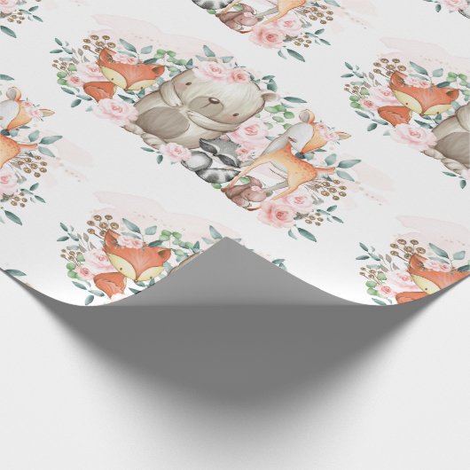 Roze Floral Woodland Baby Animals Birthday Shower Cadeaupapier (Hoek)