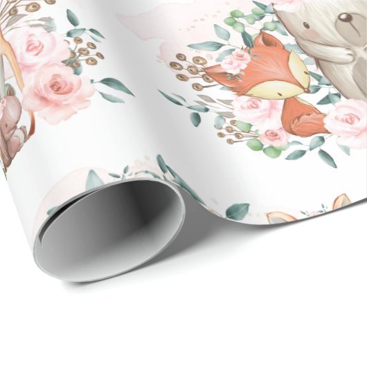 Roze Floral Woodland Baby Animals Birthday Shower Cadeaupapier (Rol Hoek)