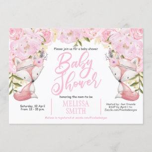 Roze Floral, Woodland, Fox, Baby Girl Shower Kaart