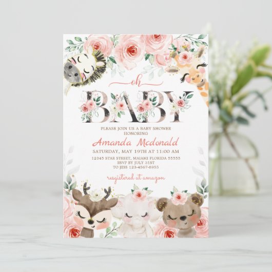 Roze Floral Woodland Girl Baby shower Kaart (Staand voorkant)