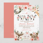 Roze Floral Woodland Girl Baby shower Kaart (Voorkant / Achterkant)
