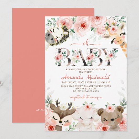 Roze Floral Woodland Girl Baby shower Kaart (Voorkant / Achterkant)