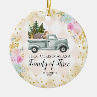 Roze Floral Woodland Kerstfamilie van drie Keramisch Ornament