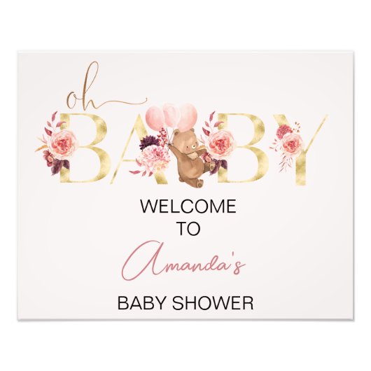 Roze Floral Word Beer Baby shower Welkomstteken Foto Afdruk (Voorkant)
