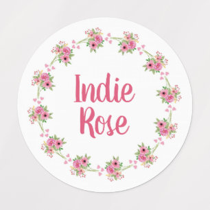 Roze Floral WreatCustom Name School Labels