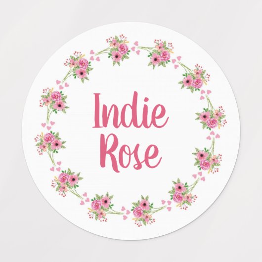 Roze Floral WreatCustom Name School Labels (Design 1)