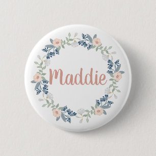 Roze Floral Wreated Custom Name Badge Ronde Button 5,7 Cm