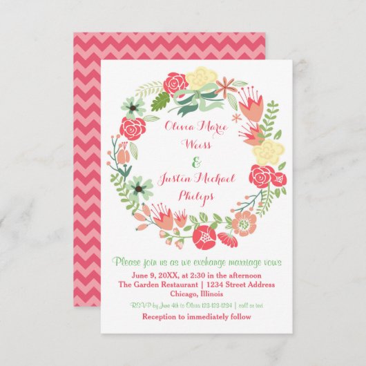 Roze Floral Wreath - 3x5 Weddenschap Kaart (Voorkant / Achterkant)