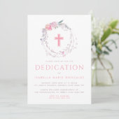 Roze Floral Wreath & Cross Baby Dedication Kaart (Staand voorkant)