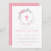 Roze Floral Wreath & Cross Baby Dedication Kaart (Voorkant / Achterkant)