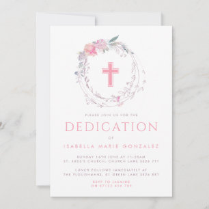 Roze Floral Wreath & Cross Baby Dedication Kaart