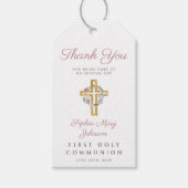 Roze Floral Wreath Cross Girl Eerste Communie Cadeaulabel (Voorkant)