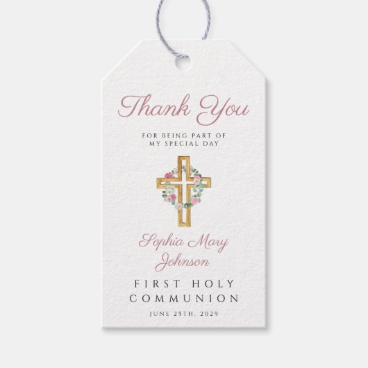 Roze Floral Wreath Cross Girl Eerste Communie Cadeaulabel (Voorkant)