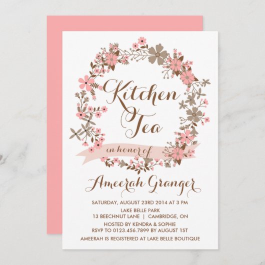 Roze Floral Wreath Kitchen Tea Party Invitation Kaart (Voorkant / Achterkant)